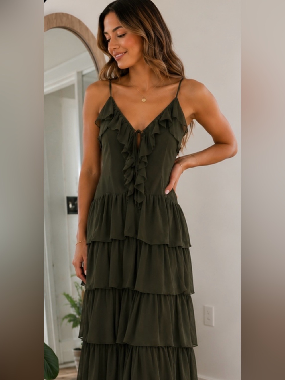 Torn by Ronny Kobo Olive Ruffled Tiered Maxi Dress